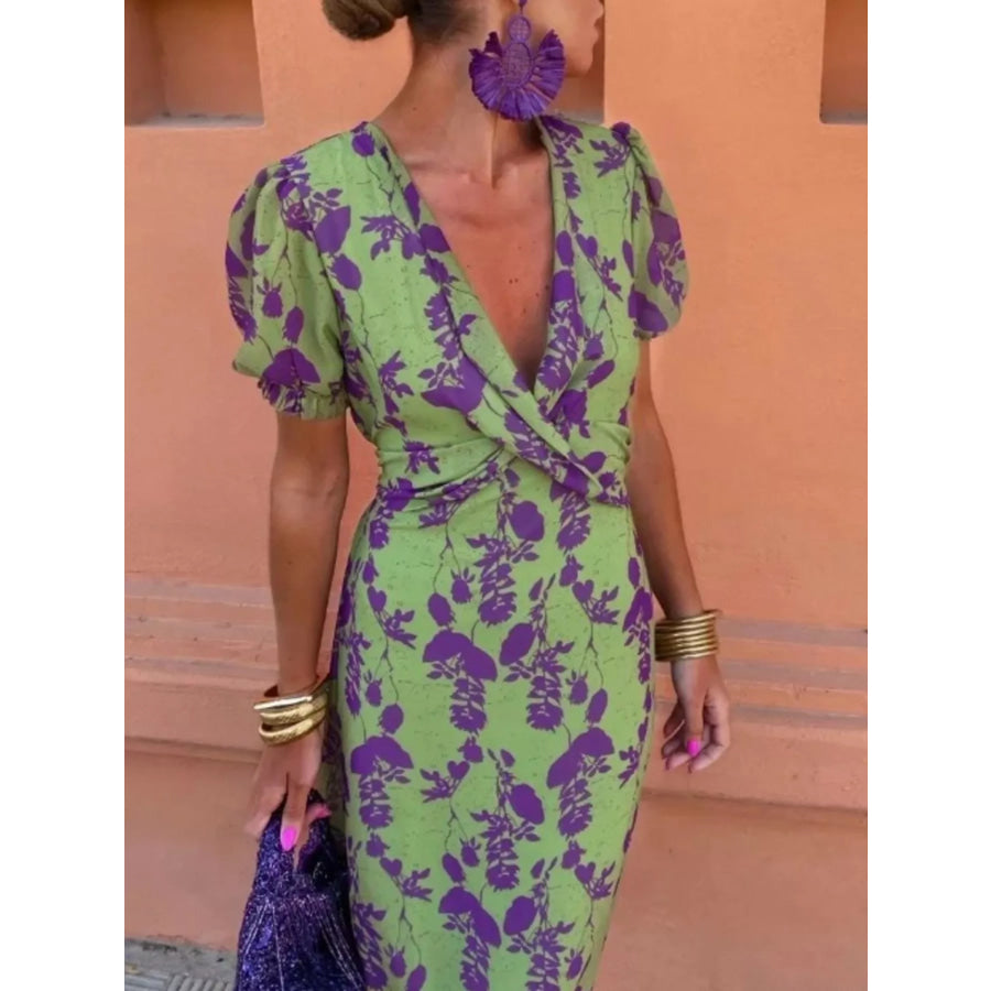 Full Size V-Neck Puff Sleeve Floral Print Dress Plus Size Green / S Apparel and Accessories