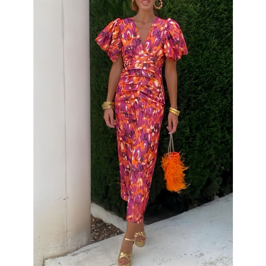 Full Size V-Neck Puff Sleeve Midi Dress Plus Size Apparel and Accessories
