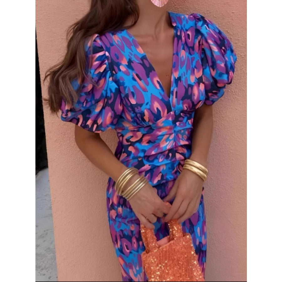 Full Size V-Neck Puff Sleeve Midi Dress Plus Size Apparel and Accessories