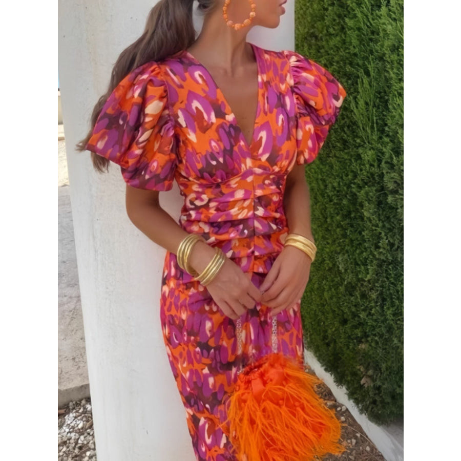 Full Size V-Neck Puff Sleeve Midi Dress Plus Size Apparel and Accessories