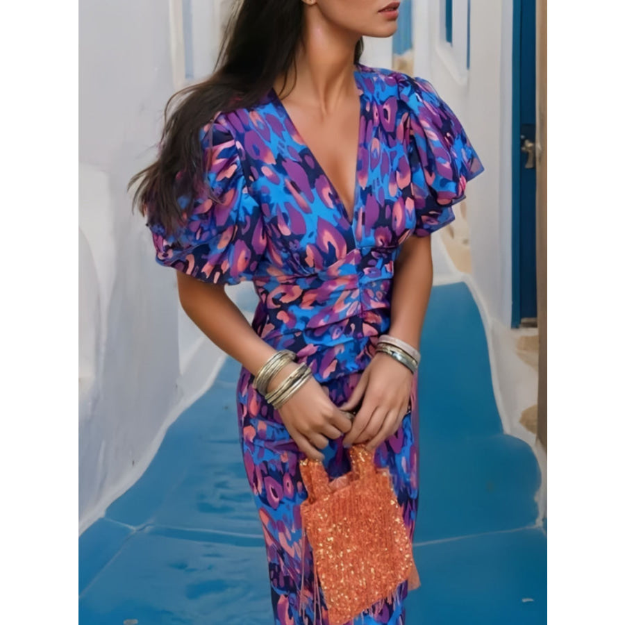 Full Size V-Neck Puff Sleeve Midi Dress Plus Size Apparel and Accessories