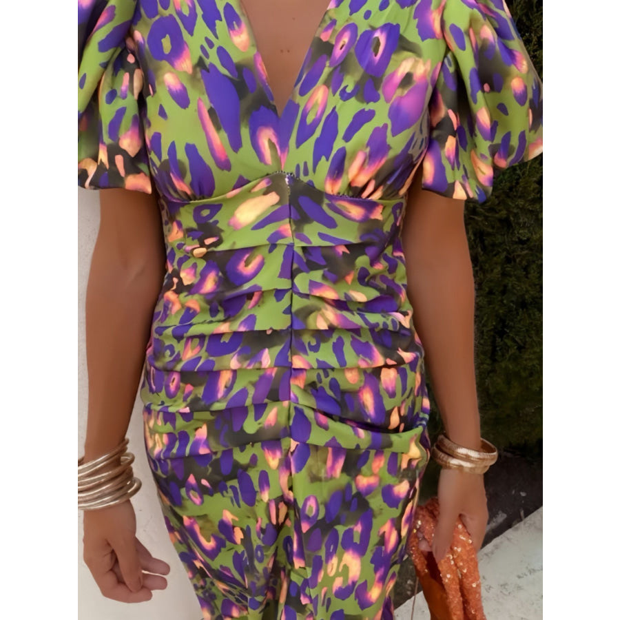 Full Size V-Neck Puff Sleeve Midi Dress Plus Size Apparel and Accessories