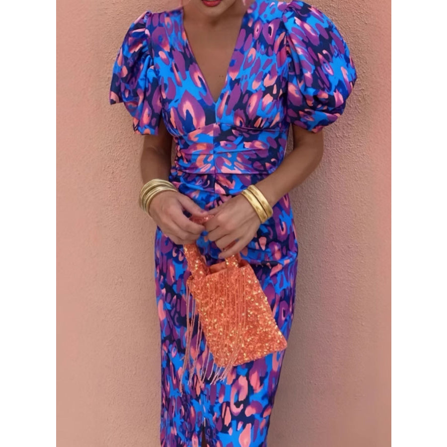 Full Size V-Neck Puff Sleeve Midi Dress Plus Size Blue / S Apparel and Accessories