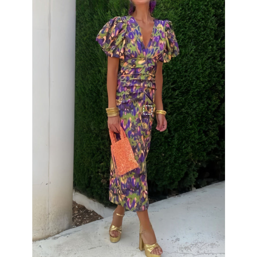 Full Size V-Neck Puff Sleeve Midi Dress Plus Size Green / S Apparel and Accessories