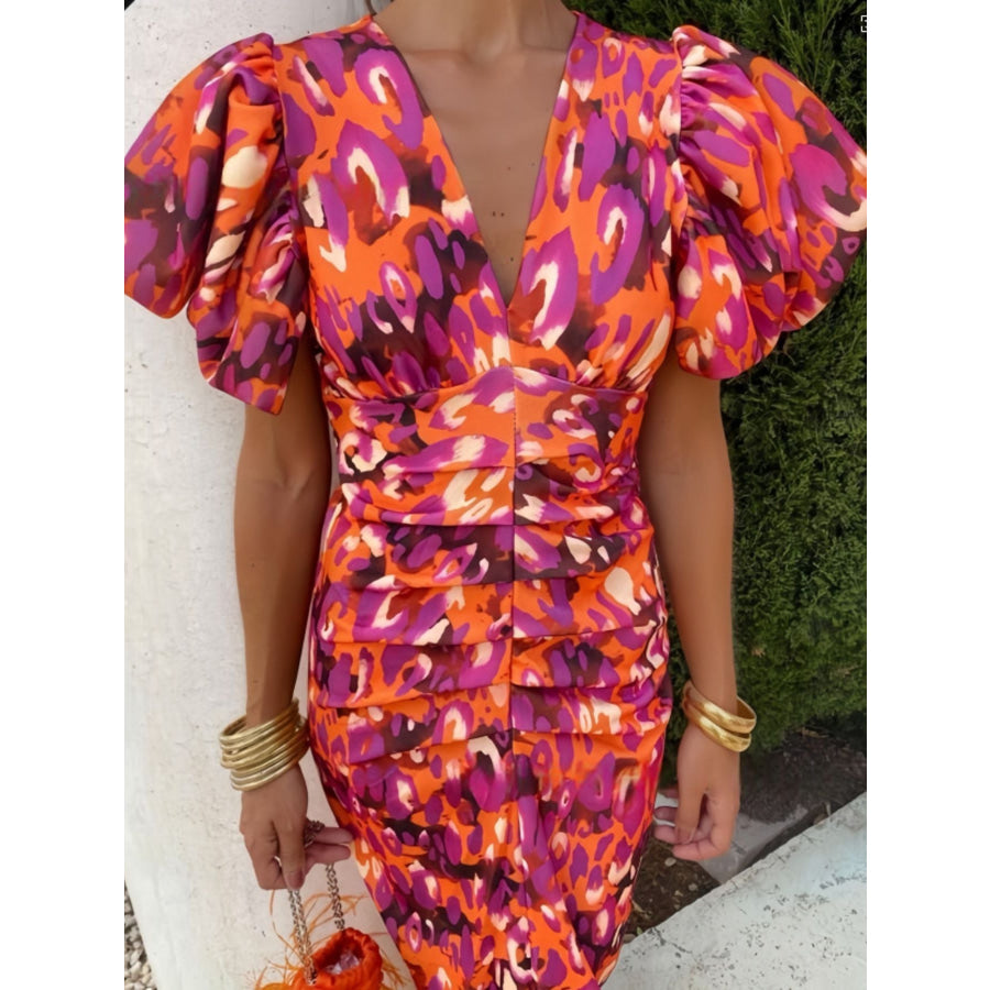 Full Size V-Neck Puff Sleeve Midi Dress Plus Size Orange Red / S Apparel and Accessories