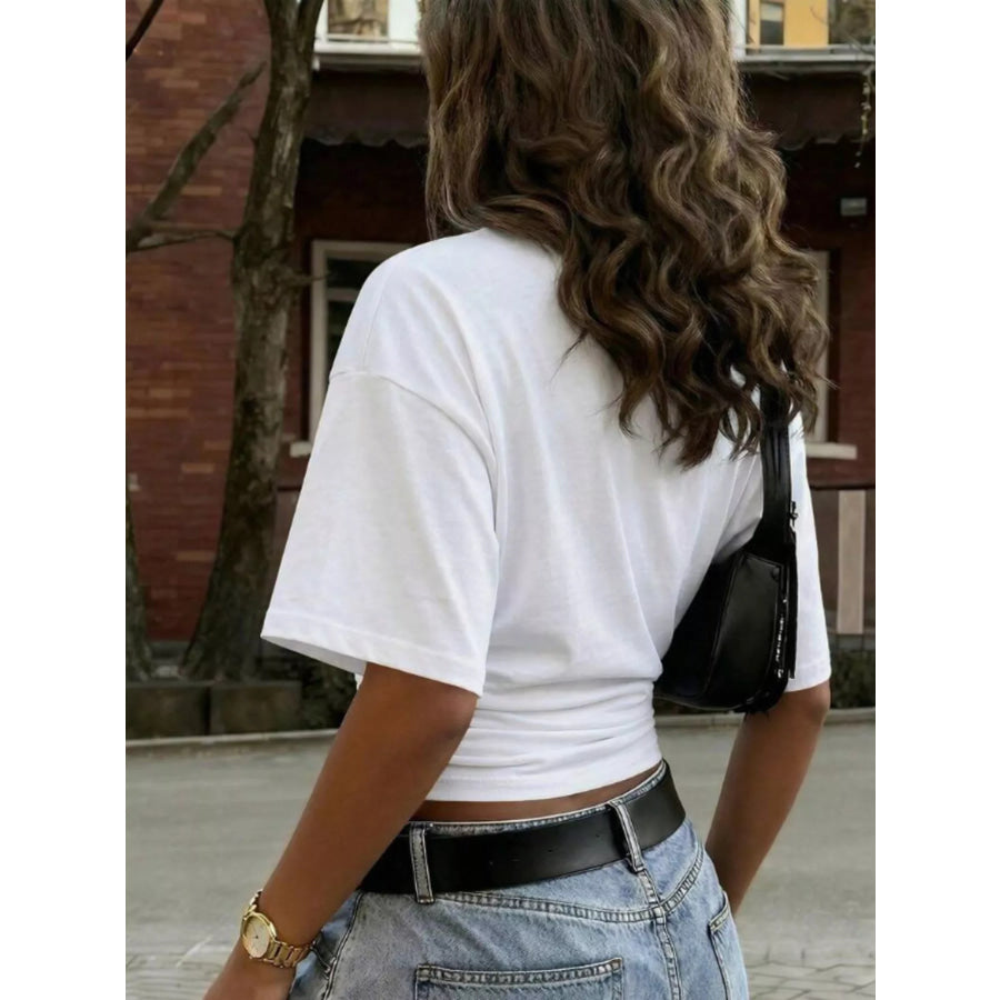 Full Size V-Neck Ruched T-Shirt Plus White / XS Apparel and Accessories