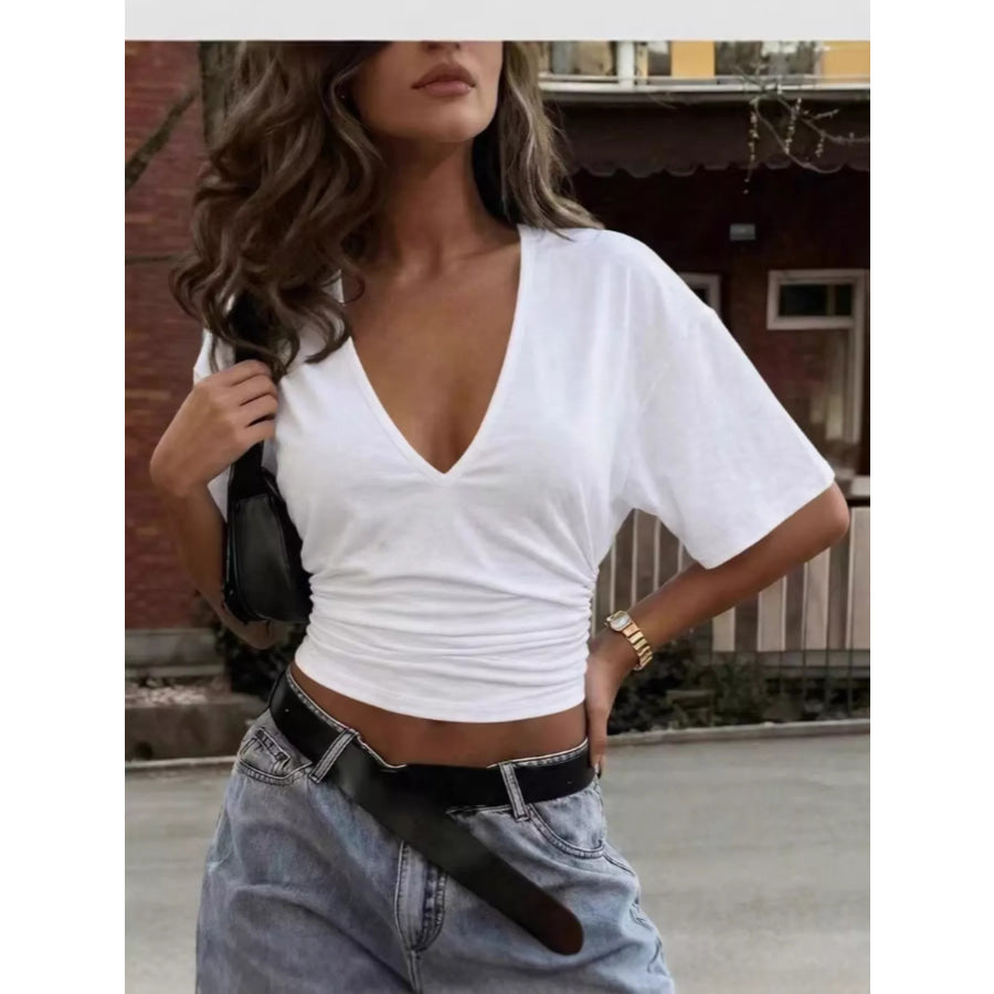 Full Size V-Neck Ruched T-Shirt Plus White / XS Apparel and Accessories