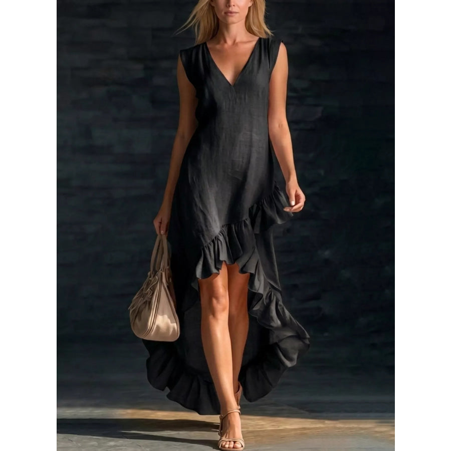 Full Size V-Neck Ruffle Hem High-Low Dress Plus Size Black / S Apparel and Accessories