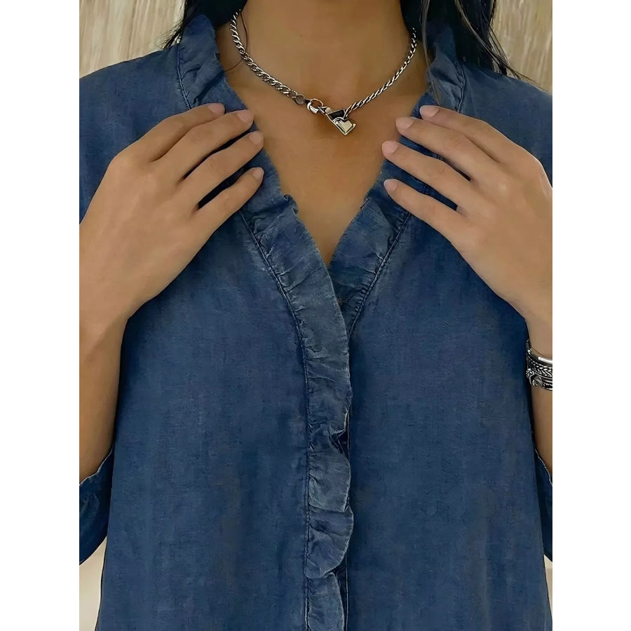 Full Size V-Neck Ruffled Button Down Shirt Plus Size Apparel and Accessories