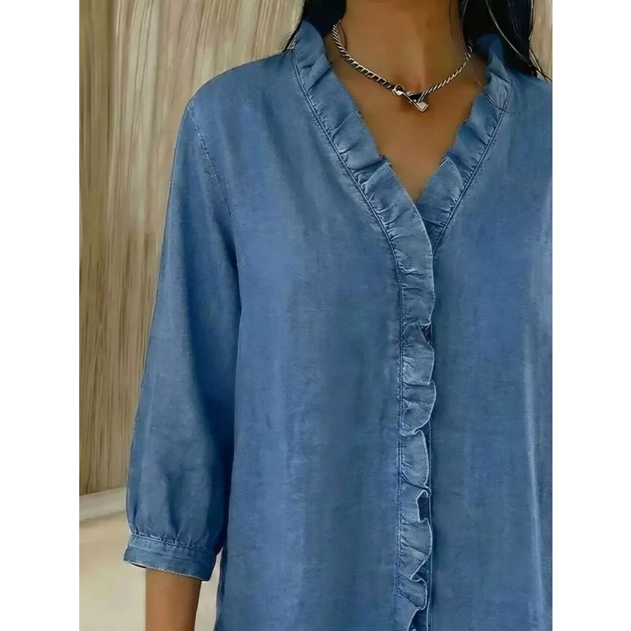 Full Size V-Neck Ruffled Button Down Shirt Plus Size Apparel and Accessories