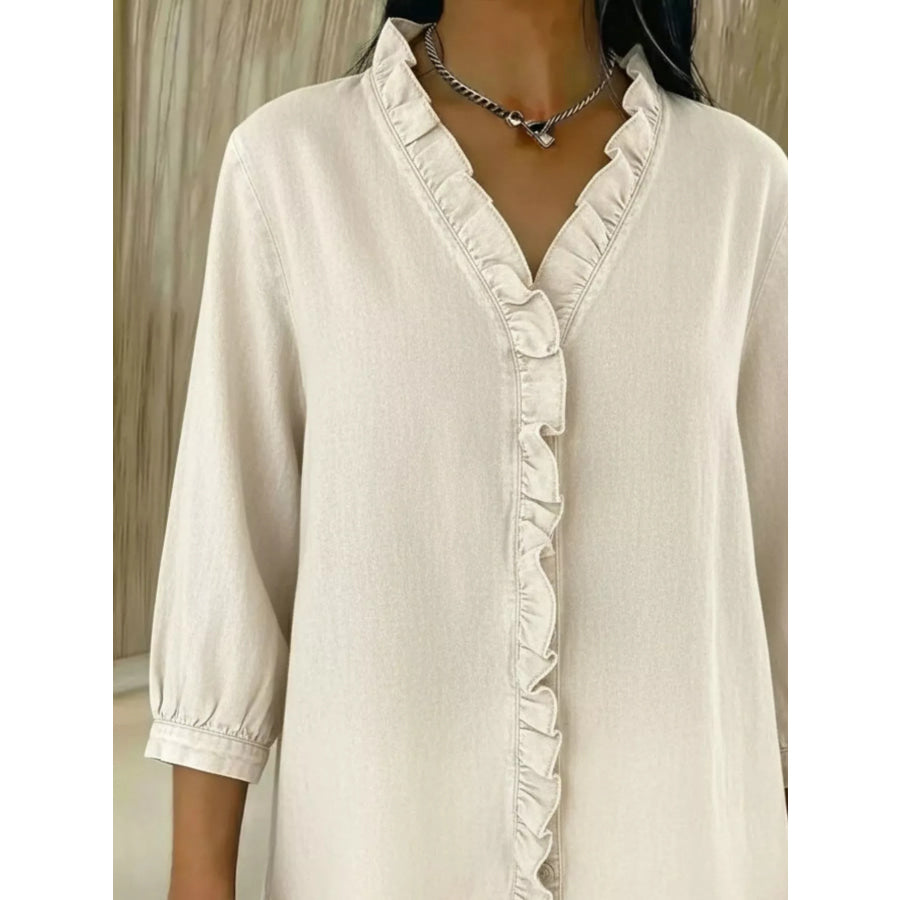 Full Size V-Neck Ruffled Button Down Shirt Plus Size Apparel and Accessories