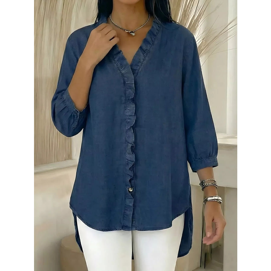 Full Size V-Neck Ruffled Button Down Shirt Plus Size Apparel and Accessories