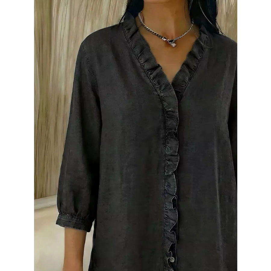 Full Size V-Neck Ruffled Button Down Shirt Plus Size Apparel and Accessories