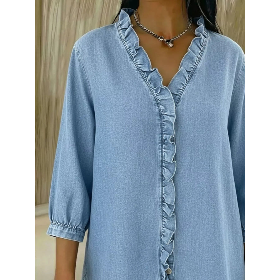 Full Size V-Neck Ruffled Button Down Shirt Plus Size Apparel and Accessories