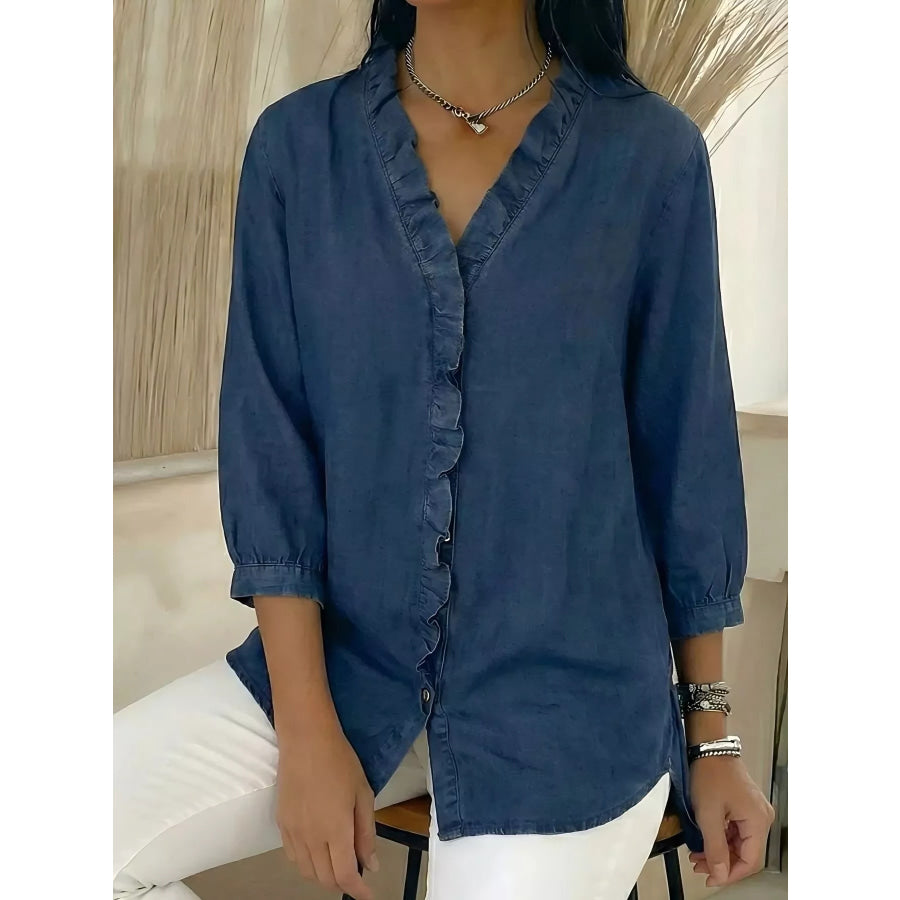 Full Size V-Neck Ruffled Button Down Shirt Plus Size Apparel and Accessories