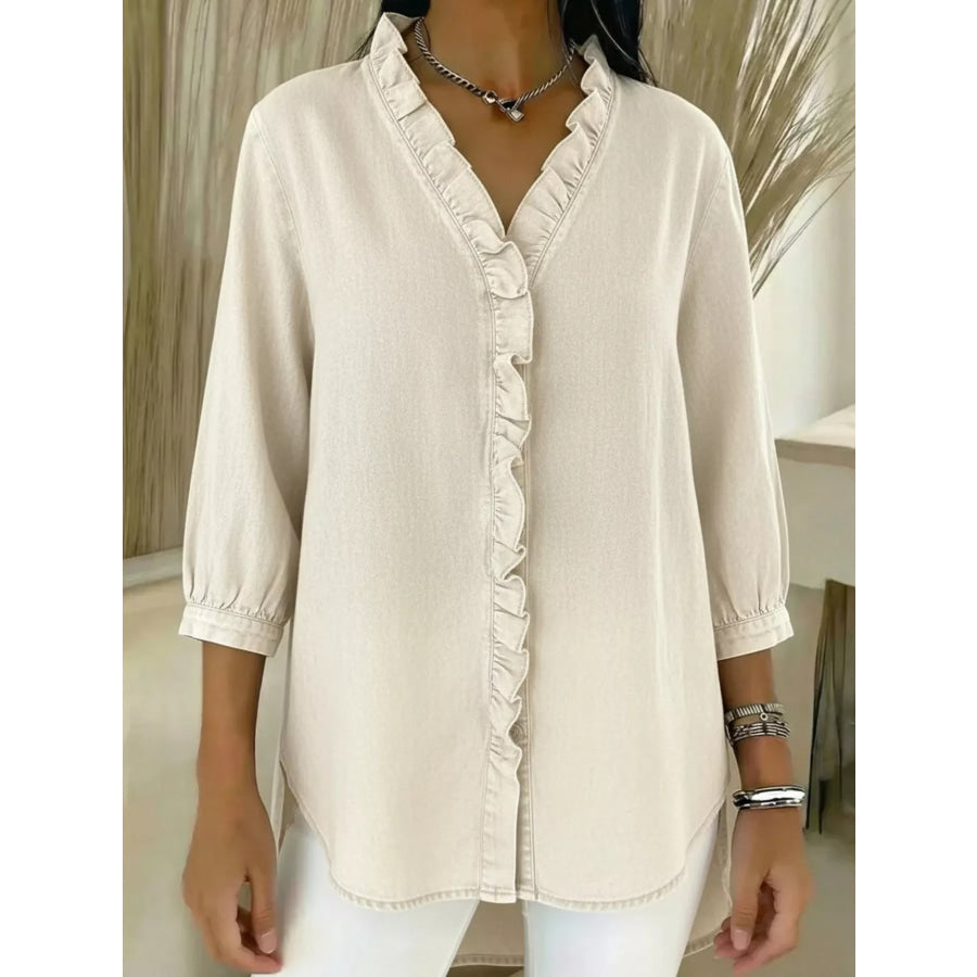 Full Size V-Neck Ruffled Button Down Shirt Plus Size Apricot / S Apparel and Accessories