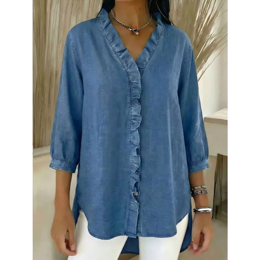 Full Size V-Neck Ruffled Button Down Shirt Plus Size Blue / S Apparel and Accessories