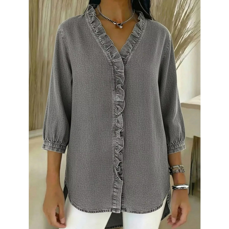 Full Size V-Neck Ruffled Button Down Shirt Plus Size Gray / S Apparel and Accessories