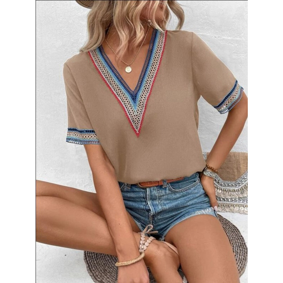 Full Size V - Neck Short Sleeve Blouse Apparel and Accessories