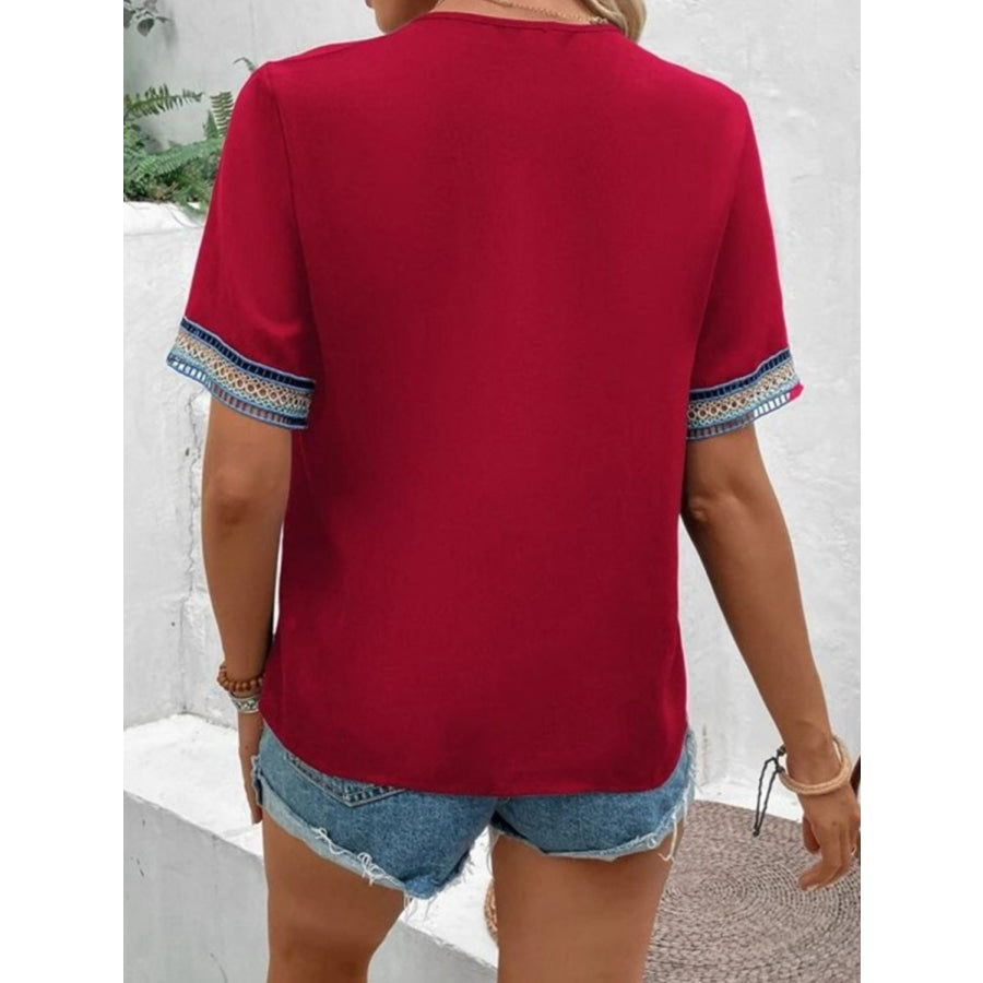 Full Size V - Neck Short Sleeve Blouse Apparel and Accessories