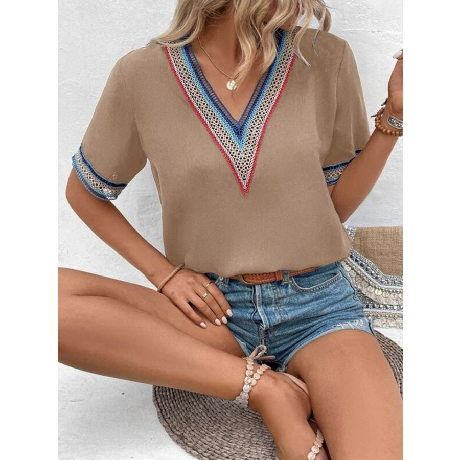 Full Size V - Neck Short Sleeve Blouse Apparel and Accessories