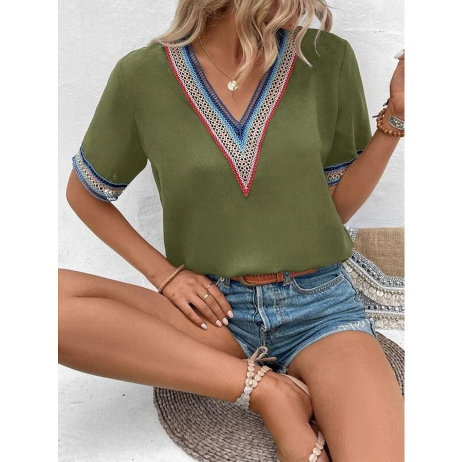 Full Size V - Neck Short Sleeve Blouse Apparel and Accessories