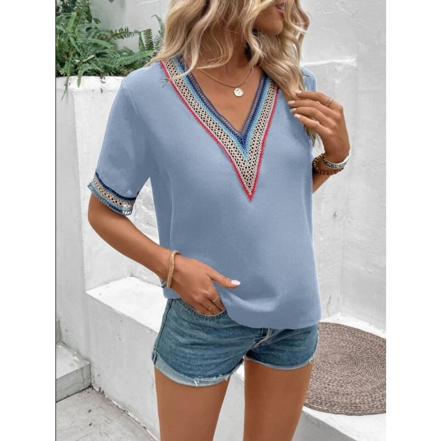 Full Size V - Neck Short Sleeve Blouse Apparel and Accessories