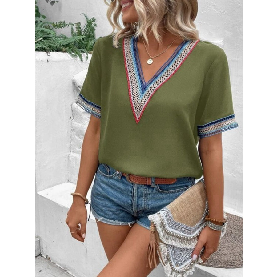 Full Size V - Neck Short Sleeve Blouse Apparel and Accessories