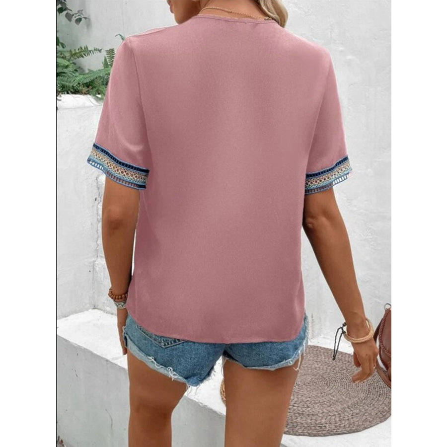 Full Size V - Neck Short Sleeve Blouse Apparel and Accessories