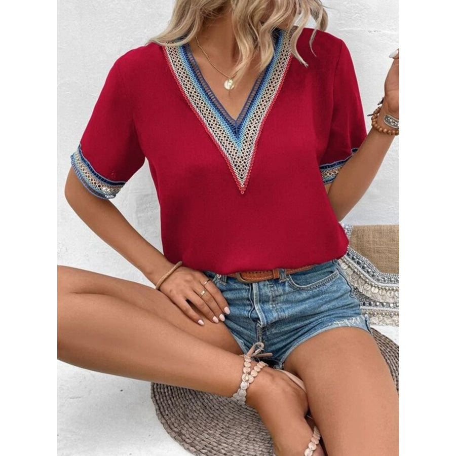 Full Size V - Neck Short Sleeve Blouse Apparel and Accessories