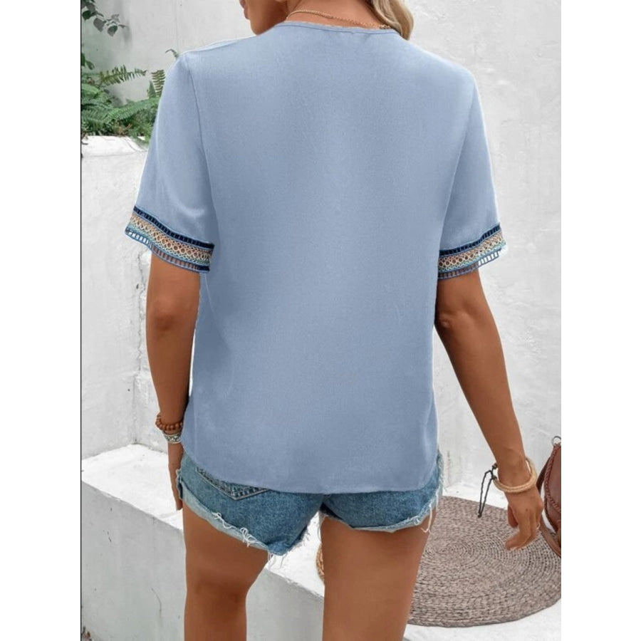 Full Size V - Neck Short Sleeve Blouse Apparel and Accessories