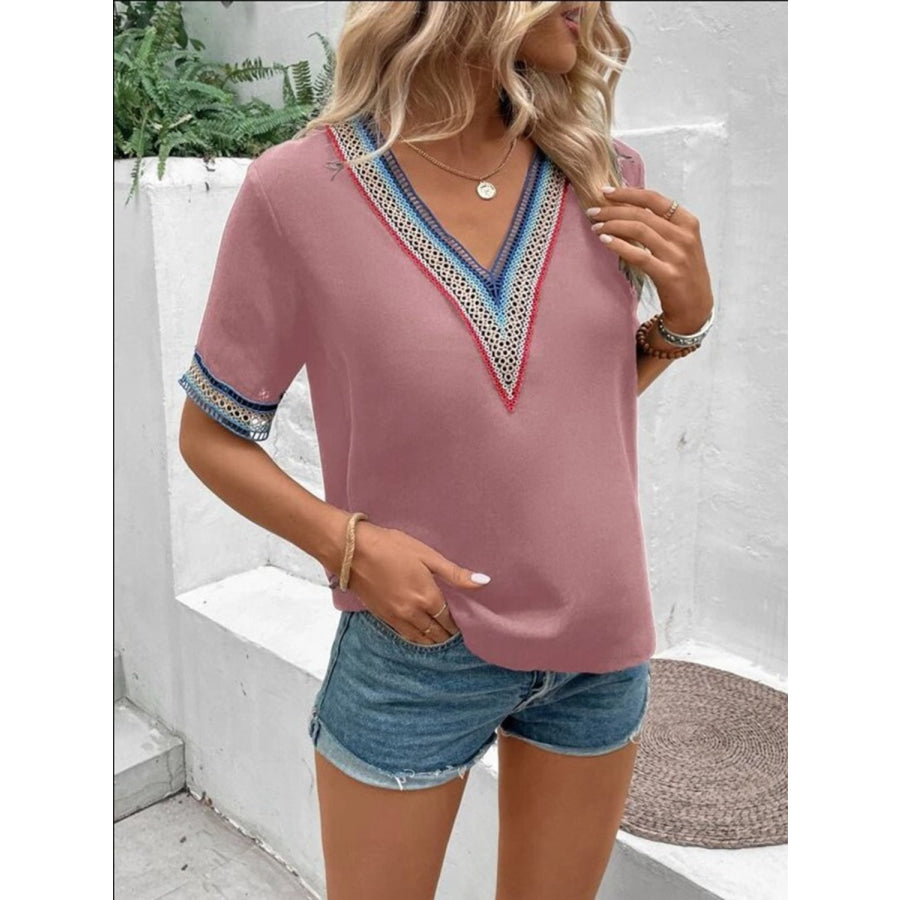 Full Size V - Neck Short Sleeve Blouse Apparel and Accessories