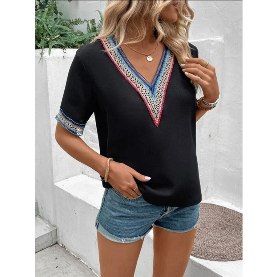 Full Size V - Neck Short Sleeve Blouse Apparel and Accessories