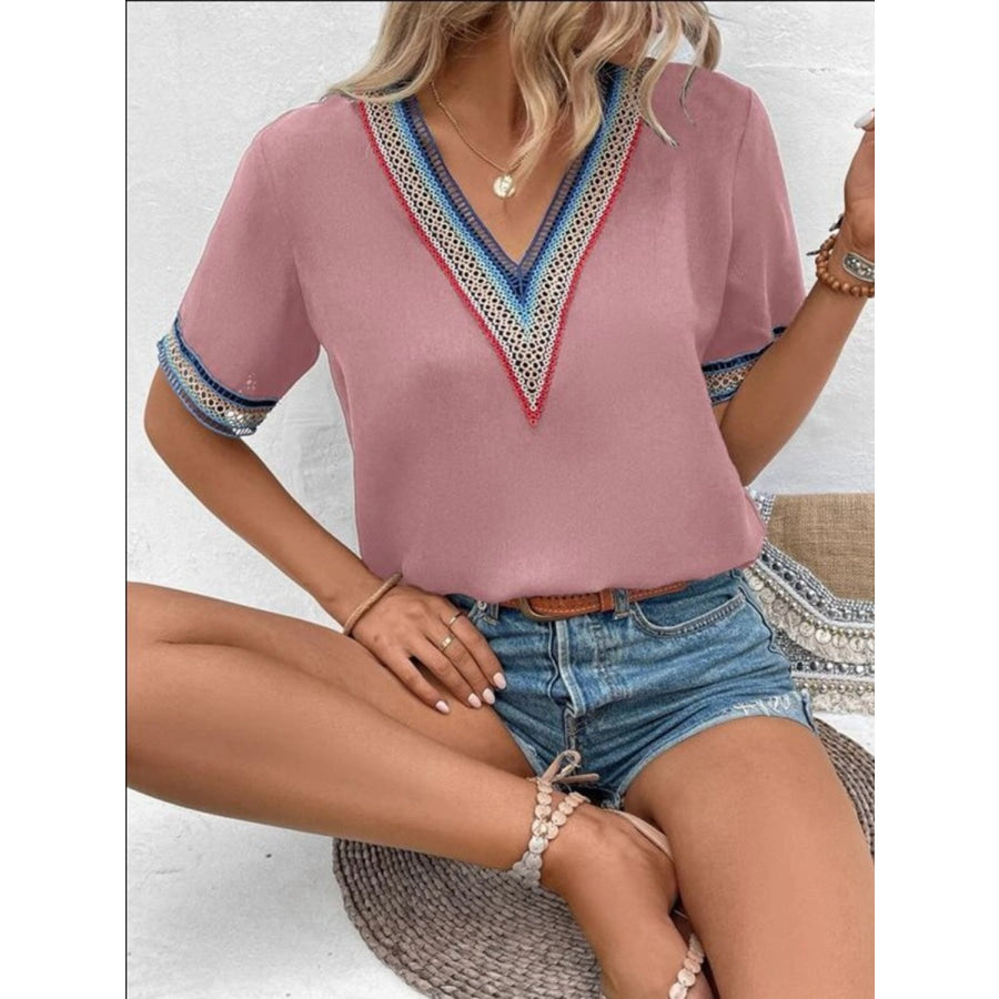 Full Size V - Neck Short Sleeve Blouse Apparel and Accessories