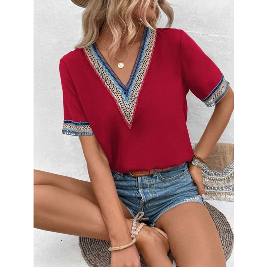 Full Size V - Neck Short Sleeve Blouse Apparel and Accessories