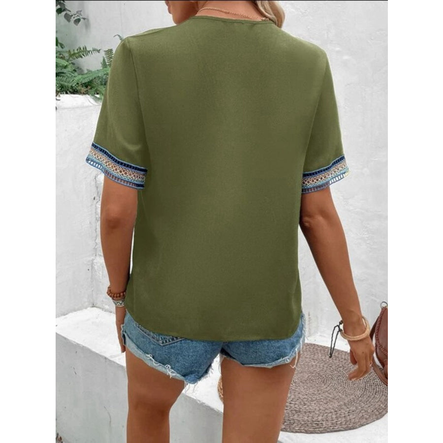 Full Size V - Neck Short Sleeve Blouse Apparel and Accessories