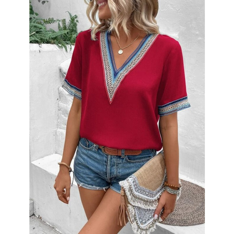 Full Size V - Neck Short Sleeve Blouse Deep Red / S Apparel and Accessories