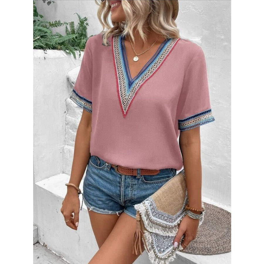 Full Size V - Neck Short Sleeve Blouse Light Mauve / S Apparel and Accessories