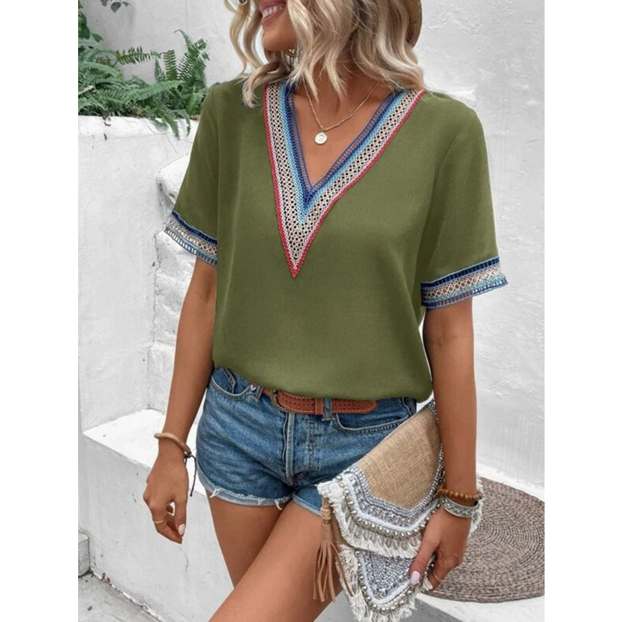 Full Size V - Neck Short Sleeve Blouse Moss / S Apparel and Accessories