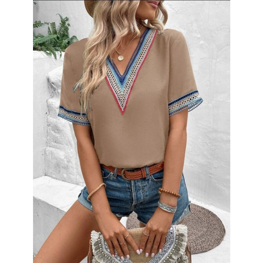 Full Size V - Neck Short Sleeve Blouse Taupe / S Apparel and Accessories