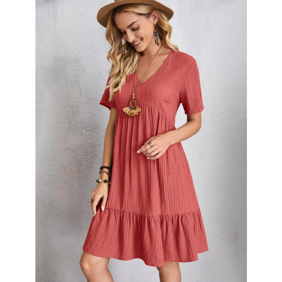 Full Size V-Neck Short Sleeve Dress Apparel and Accessories