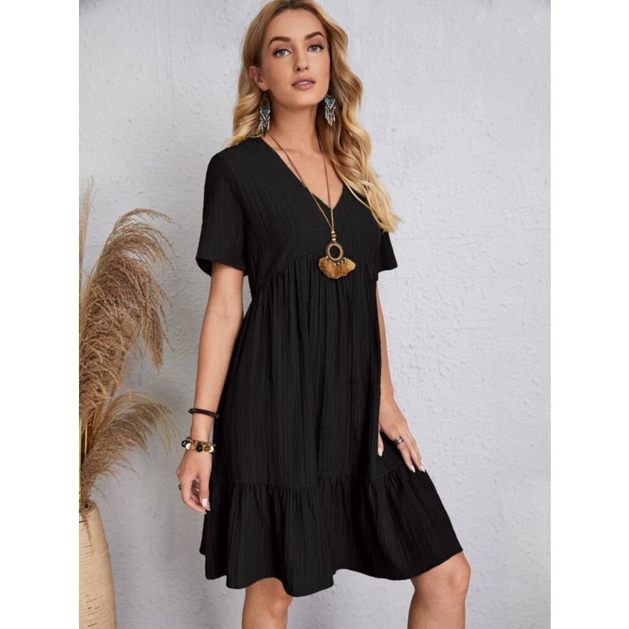 Full Size V-Neck Short Sleeve Dress Apparel and Accessories