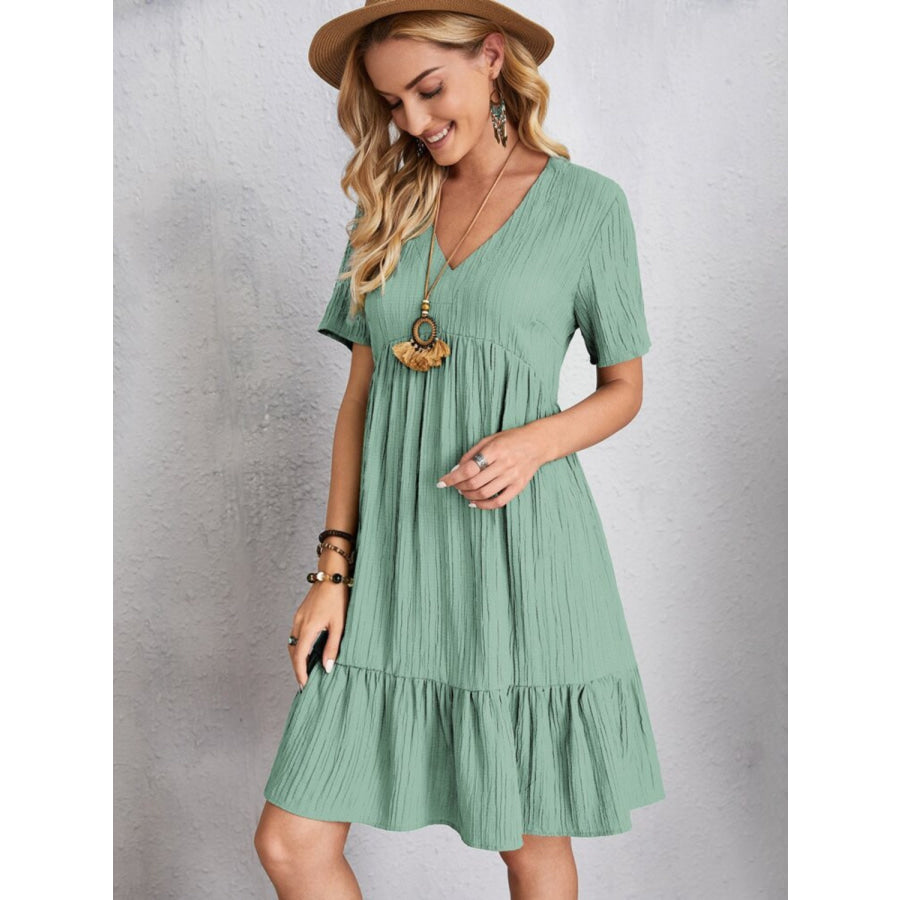 Full Size V-Neck Short Sleeve Dress Apparel and Accessories