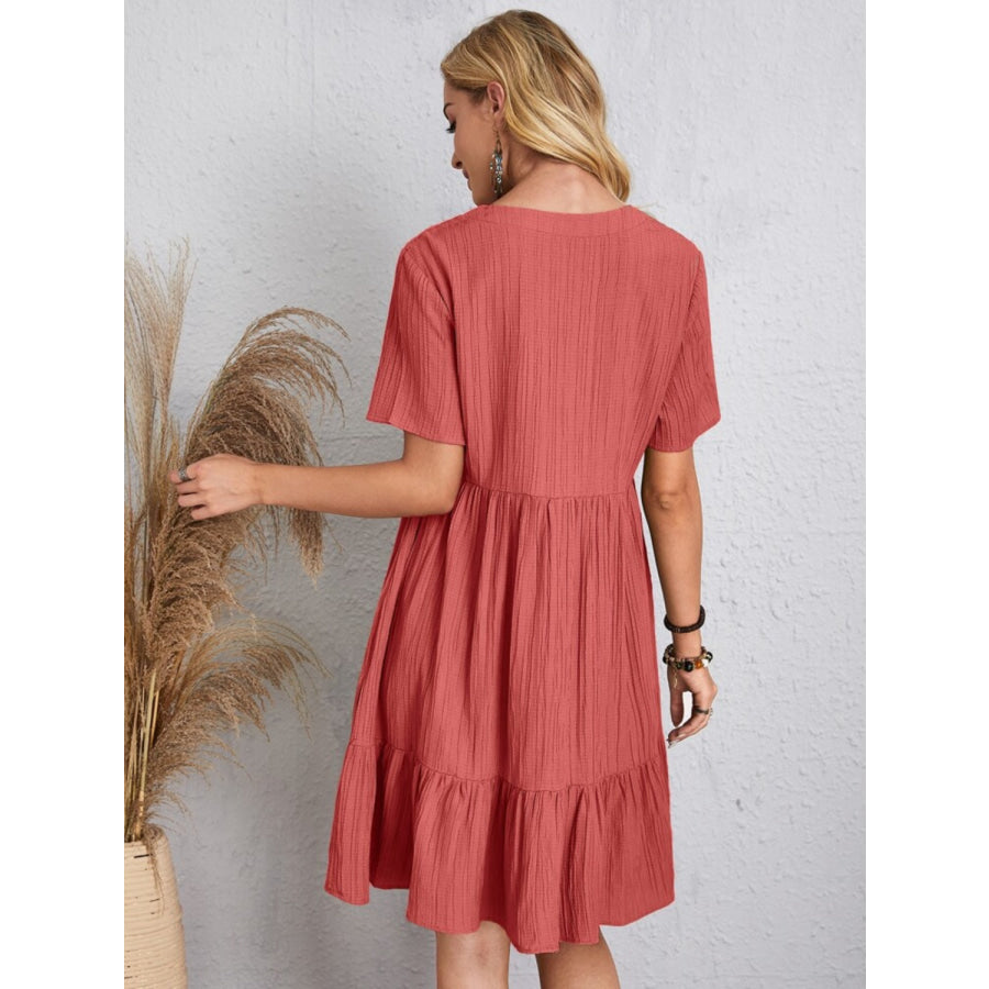 Full Size V-Neck Short Sleeve Dress Coral / S Apparel and Accessories