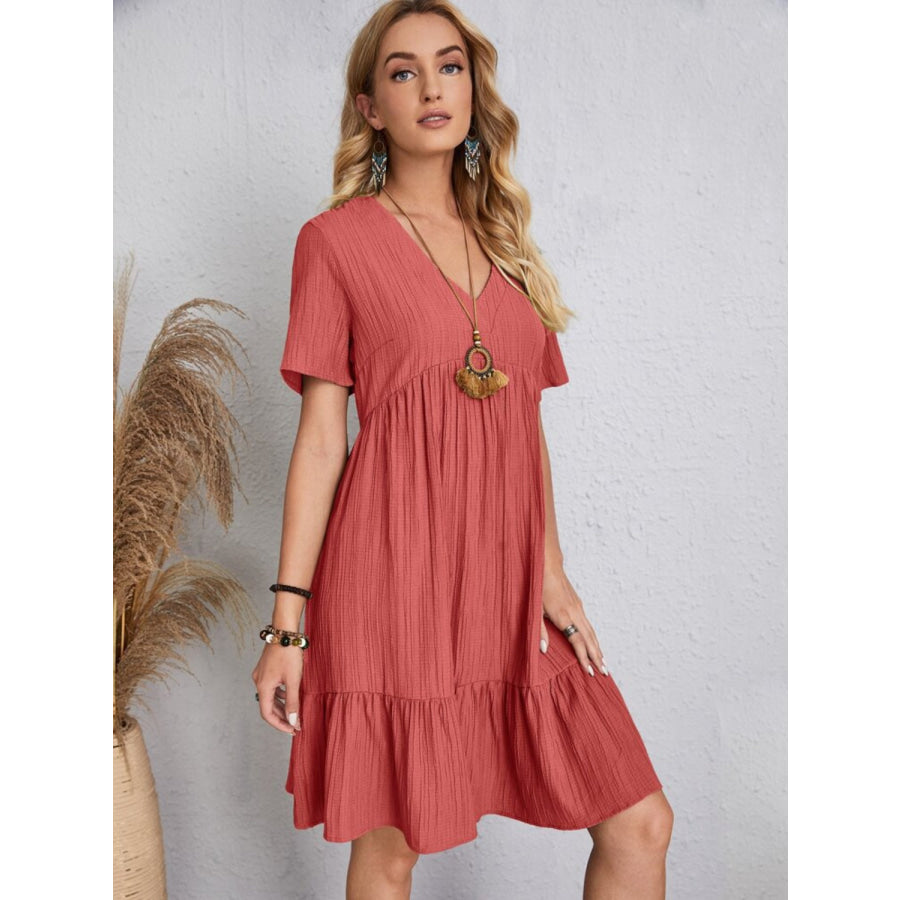 Full Size V-Neck Short Sleeve Dress Apparel and Accessories