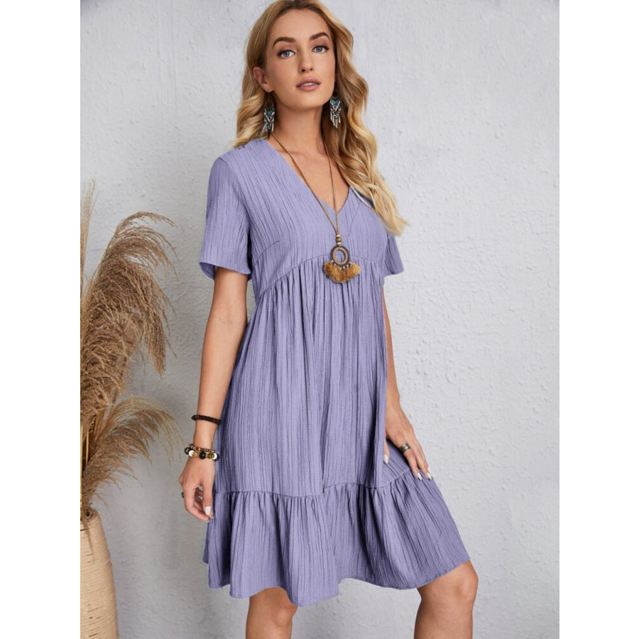 Full Size V-Neck Short Sleeve Dress Apparel and Accessories