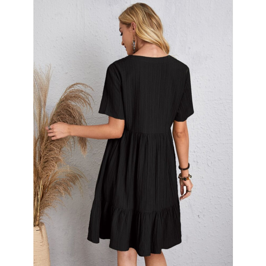 Full Size V-Neck Short Sleeve Dress Black / S Apparel and Accessories