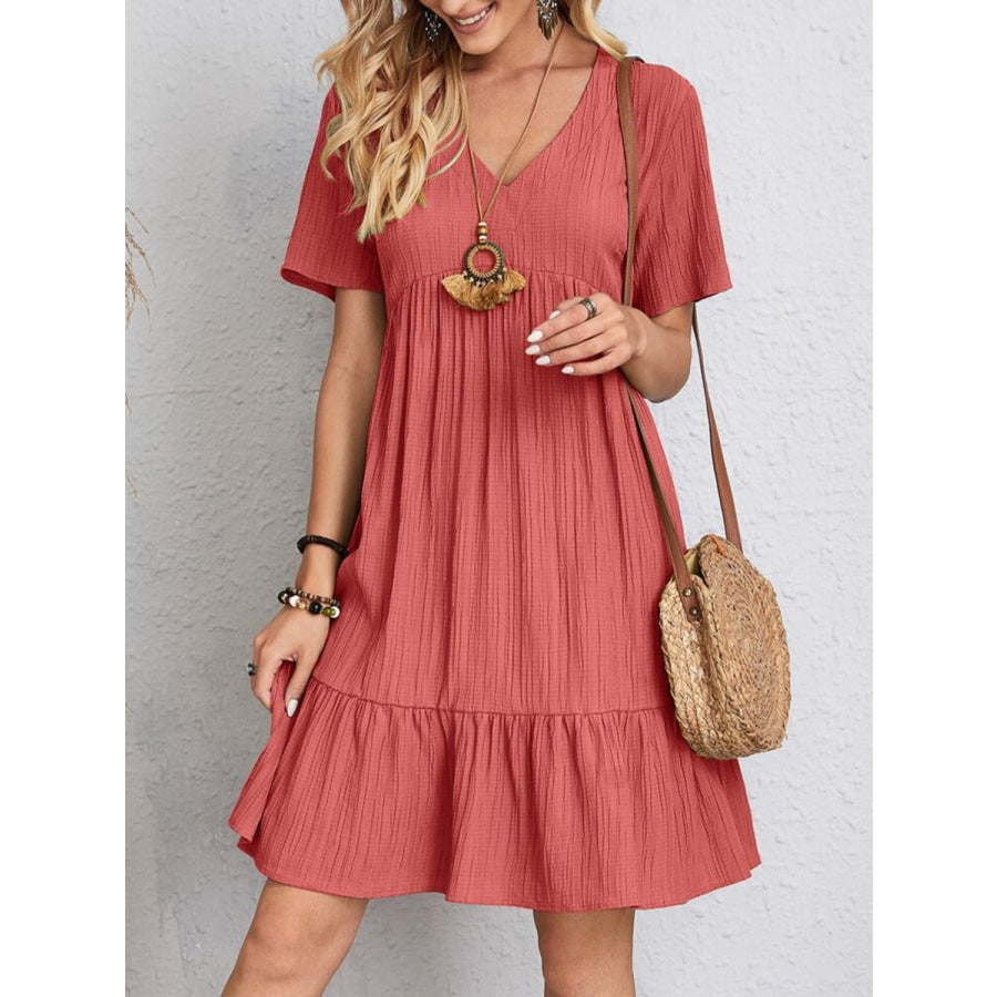 Full Size V-Neck Short Sleeve Dress Coral / S Apparel and Accessories