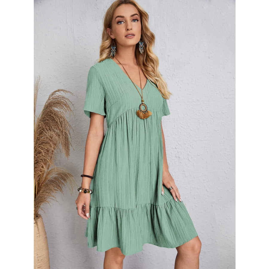 Full Size V-Neck Short Sleeve Dress Gum Leaf / S Apparel and Accessories