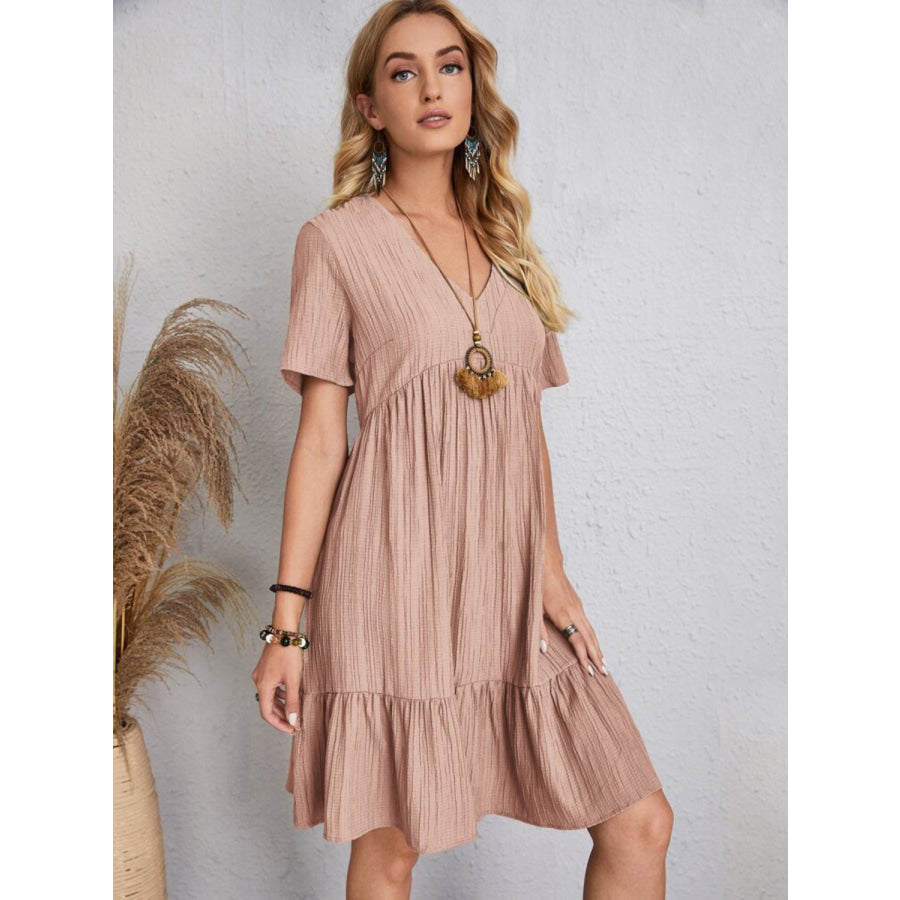 Full Size V-Neck Short Sleeve Dress Light Apricot / S Apparel and Accessories